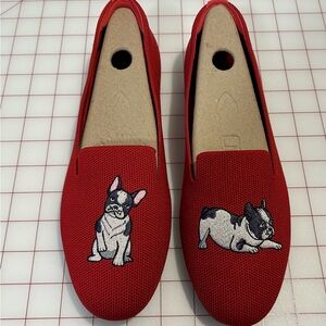 French bulldog embroidered on red Vivaia flats, Sz 39.5/8.5 - like new, so cute!